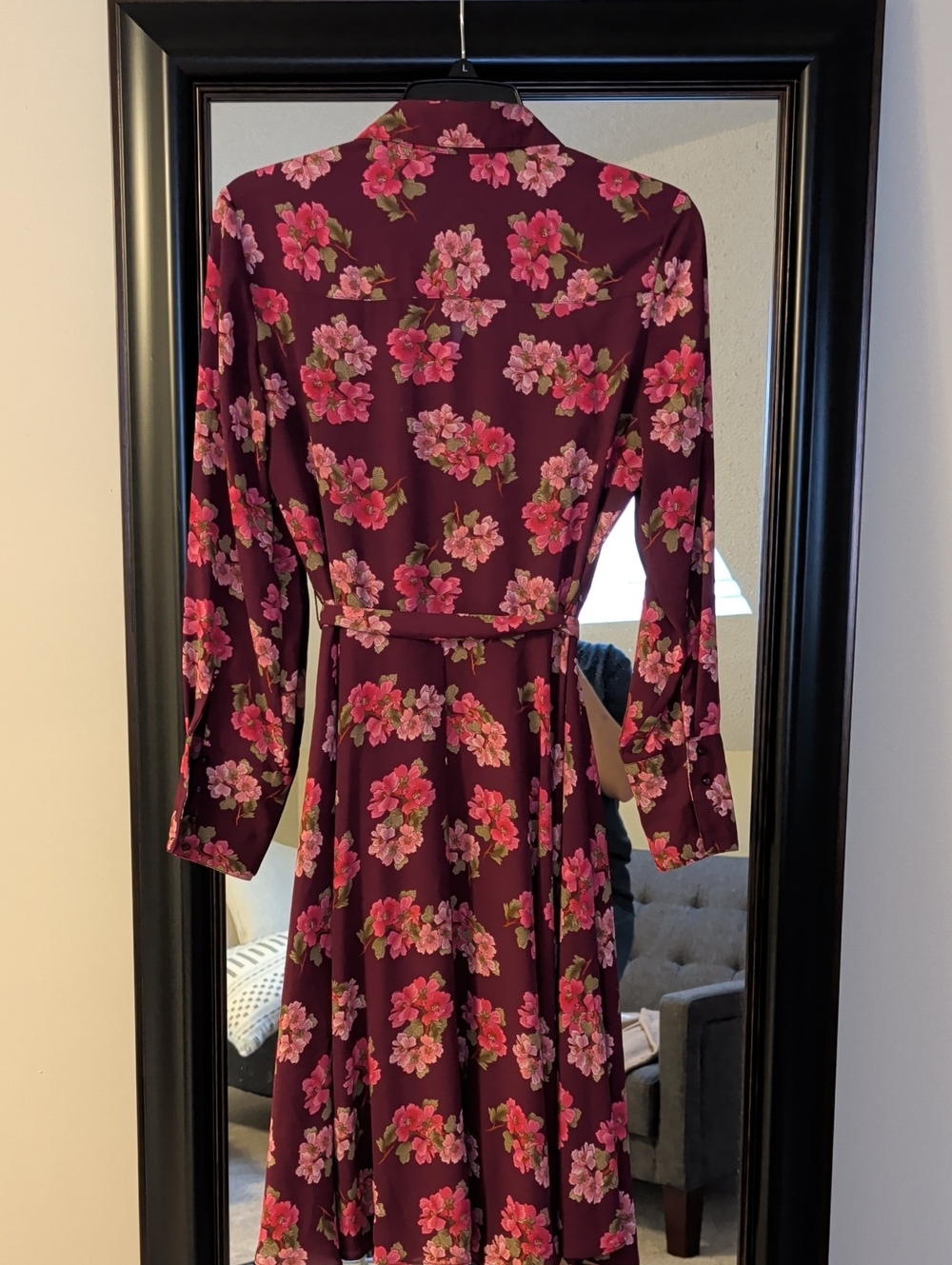 Nanette Lepore Feminine Burgundy Long-Sleeve Floral Pintucked Dress - Picture 7 of 10